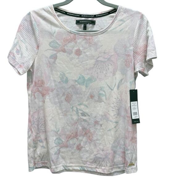 BCBGMAXAZRIA Watercolor Floral Ribbed Tee Shirt Top Size Small NWT - Picture 1 of 6